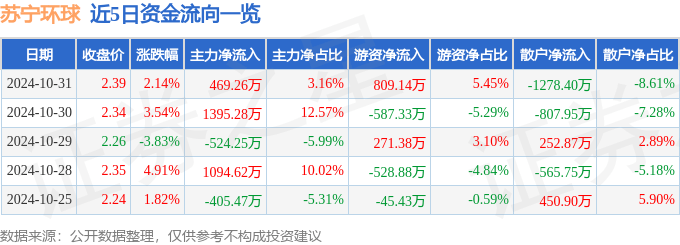 股票行情快报：苏宁环球（000718）10月31日主力资金净买入469.26万元