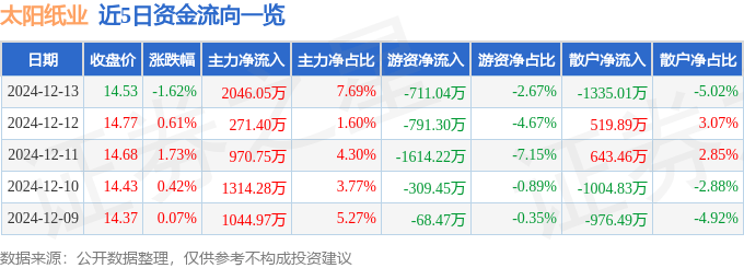 股票行情快报：太阳纸业（002078）12月13日主力资金净买入2046.05万元