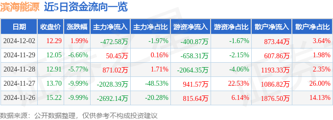 股票行情快报：滨海能源（000695）12月2日主力资金净卖出472.58万元