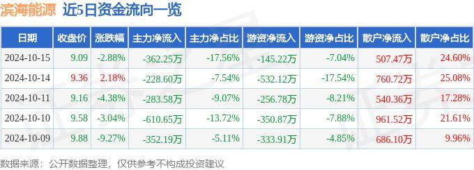 股票行情快报：滨海能源（000695）10月15日主力资金净卖出362.25万元