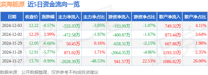 股票行情快报：滨海能源（000695）12月3日主力资金净卖出555.33万元