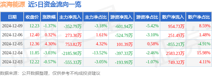 股票行情快报：滨海能源（000695）12月9日主力资金净卖出352.79万元