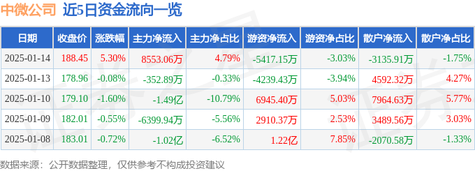 股票行情快报：中微公司（688012）1月14日主力资金净买入8553.06万元