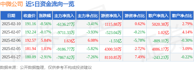 股票行情快报：中微公司（688012）2月10日主力资金净卖出6136.27万元