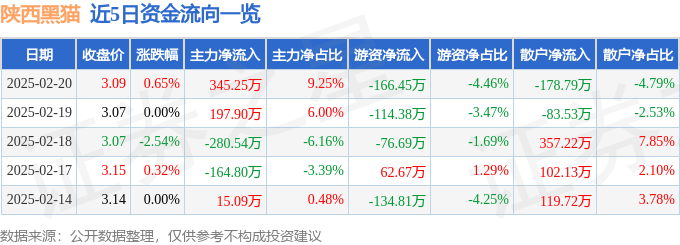 股票行情快报：陕西黑猫（601015）2月20日主力资金净买入345.25万元