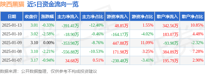 股票行情快报：陕西黑猫（601015）1月13日主力资金净卖出391.41万元