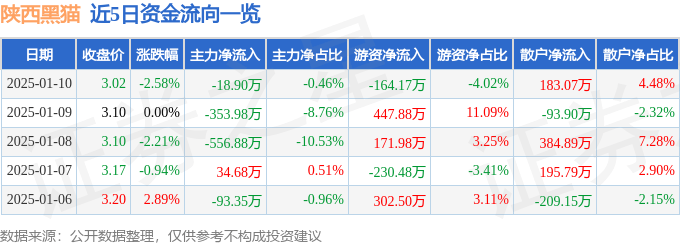 股票行情快报：陕西黑猫（601015）1月10日主力资金净卖出18.90万元