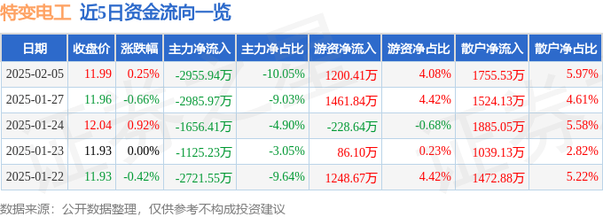 股票行情快报：特变电工（600089）2月5日主力资金净卖出2955.94万元