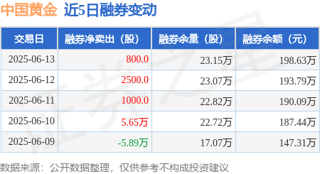 中国黄金：6月13日融券净卖出800股，连续3日累计净卖出4300股