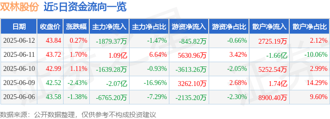 股票行情快报：双林股份（300100）6月12日主力资金净卖出1879.37万元