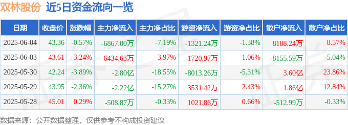 股票行情快报：双林股份（300100）6月4日主力资金净卖出6867.00万元