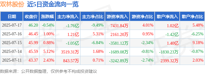 股票行情快报：双林股份（300100）7月17日主力资金净卖出1.76亿元
