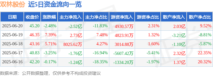 股票行情快报：双林股份（300100）6月20日主力资金净卖出2.52亿元