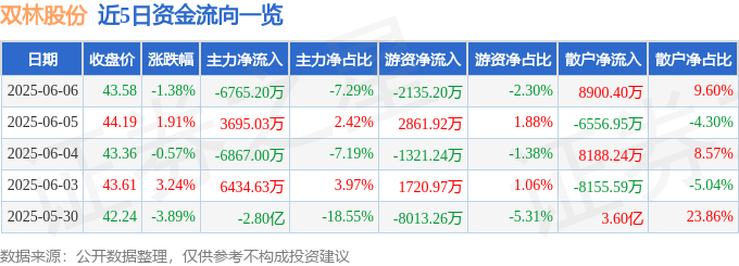 股票行情快报：双林股份（300100）6月6日主力资金净卖出6765.20万元