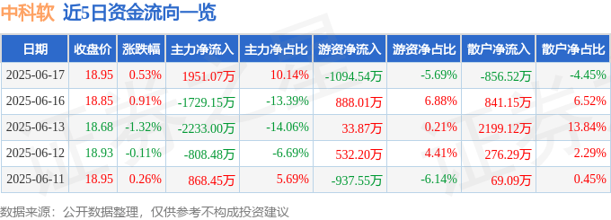 股票行情快报：中科软（603927）6月17日主力资金净买入1951.07万元