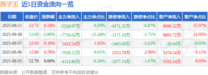 股票行情快报：孩子王（301078）8月11日主力资金净卖出5524.97万元
