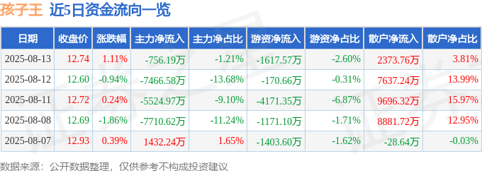 股票行情快报：孩子王（301078）8月13日主力资金净卖出756.19万元