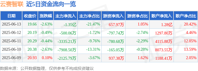 股票行情快报：云赛智联（600602）6月13日主力资金净卖出1.35亿元