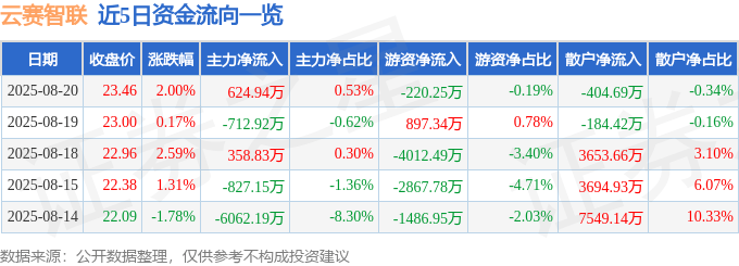 股票行情快报：云赛智联（600602）8月20日主力资金净买入624.94万元