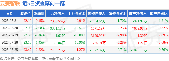 股票行情快报：云赛智联（600602）7月31日主力资金净买入2336.56万元