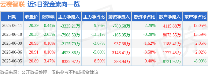 股票行情快报：云赛智联（600602）6月11日主力资金净卖出3335.21万元