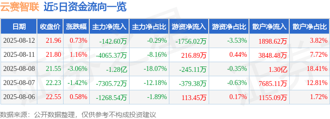 股票行情快报：云赛智联（600602）8月12日主力资金净卖出142.60万元