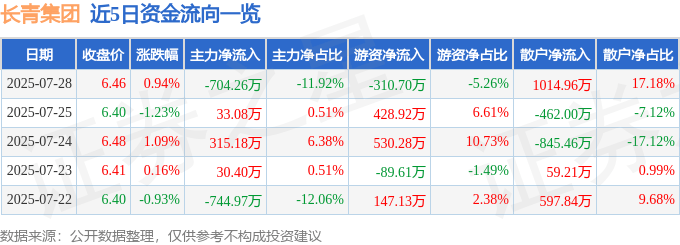 股票行情快报：长青集团（002616）7月28日主力资金净卖出704.26万元