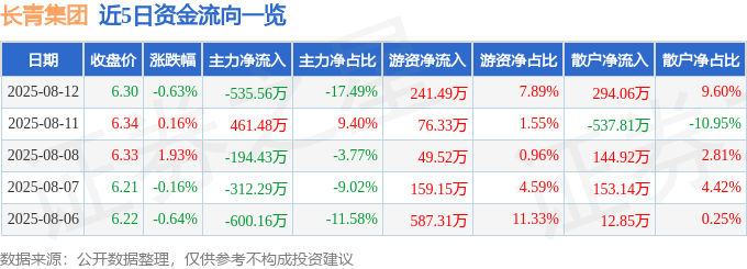 股票行情快报:长青集团(002616)8月12日主力资金净卖出535.56万元