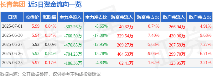 股票行情快报：长青集团（002616）7月1日主力资金净卖出307.26万元