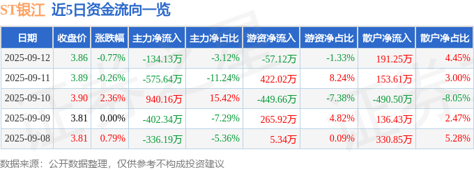 股票行情快报:ST银江(300020)9月12日主力资金净卖出134.13万元