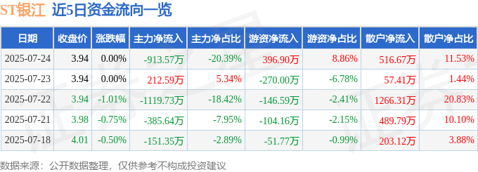 股票行情快报:ST银江(300020)7月24日主力资金净卖出913.57万元