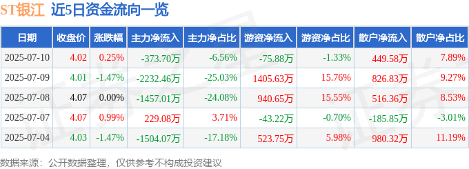股票行情快报:ST银江(300020)7月10日主力资金净卖出373.70万元