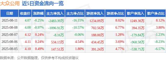 股票行情快报:大众公用(600635)8月11日主力资金净卖出2483.39万元