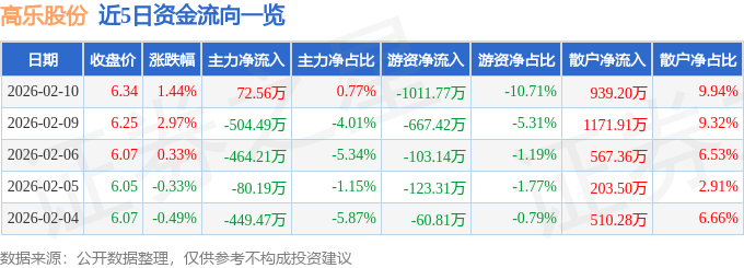 股票行情快报：高乐股份（002348）2月10日主力资金净买入72.56万元
