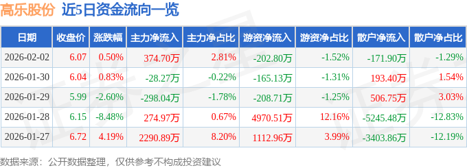 股票行情快报：高乐股份（002348）2月2日主力资金净买入374.70万元